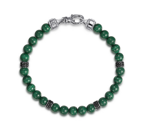 925 Sterling Silver 6mm Black Spinel and Malachite Beaded Bracelet