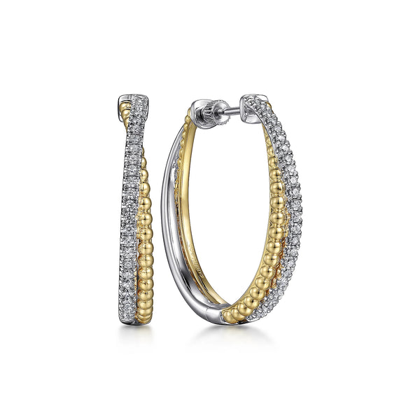 14K White-Yellow Gold Diamond Bujukan Cris Cross Classic Hoop Earrings in size 33 5mm