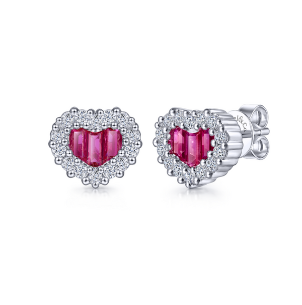14K White Gold Heart Shaped Ruby and Diamond Halo Fashion Earrings - Bay Hill Jewelers
