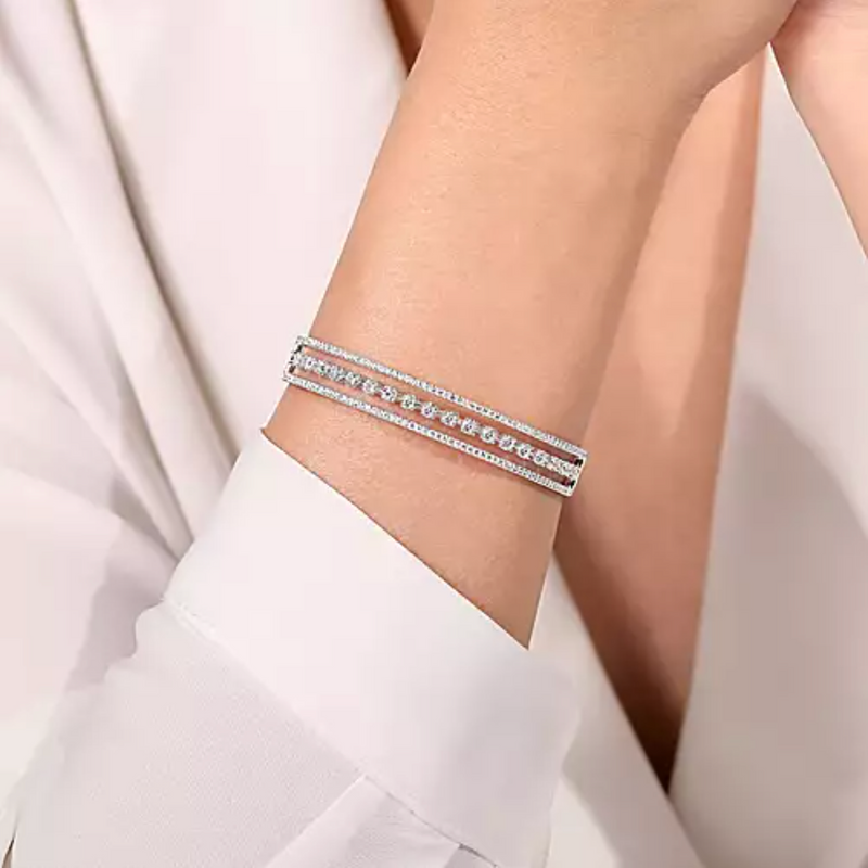 14K White Gold Three Row Diamond Cuff Bracelet - Bay Hill Jewelers