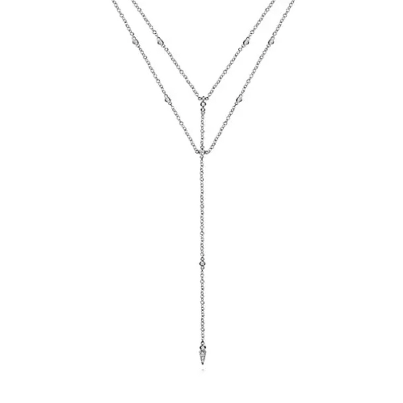 14K White Gold Diamond Station Layered Y Necklace - Bay Hill Jewelers