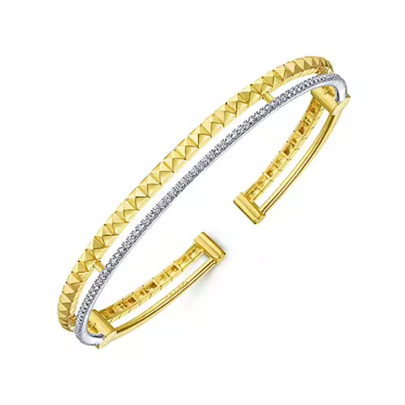 14K Yellow and White Gold Split Cuff with Pyramids and Diamonds - Bay Hill Jewelers
