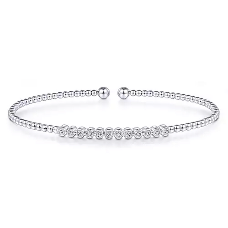 14K White Gold Bujukan Bead Cuff Bracelet with Bezel Set Diamond Stations - Bay Hill Jewelers