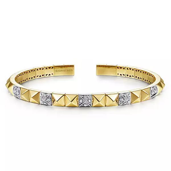 14K Yellow and White Gold Pyramid Bangle with Pave Diamond Stations - Bay Hill Jewelers