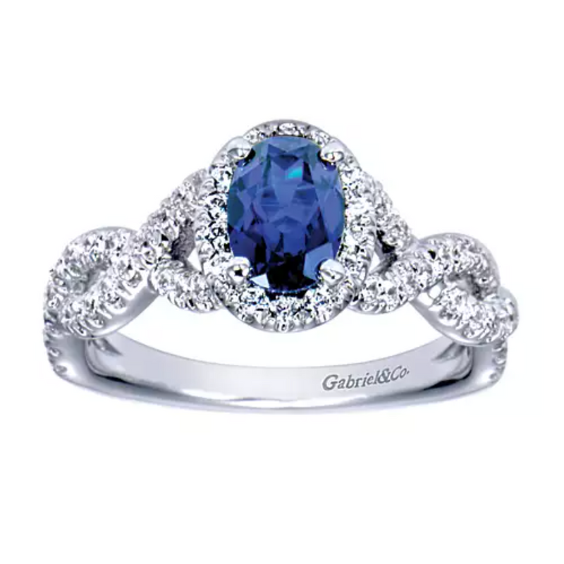14K White Gold Oval Blue Sapphire Diamond Infinity Twist Ring - Bay Hill Jewelers