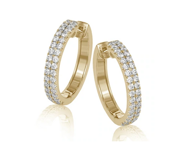 A pair of 18K yellow gold hoop earrings with two rows of sparkling diamonds on a white background.
