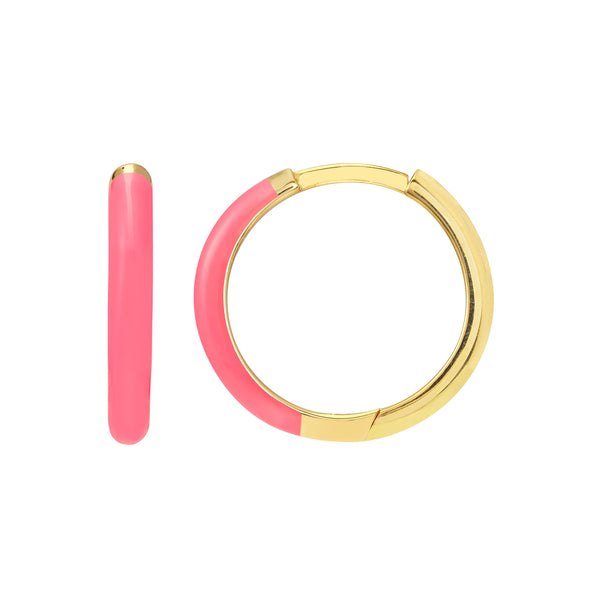 Neon Pink Enamel Huggie Hoop Earrings 14K YG - Bay Hill Jewelers